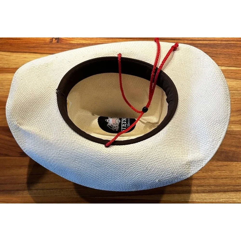STETSON STRAW COWBOY WESTERN HAT American Flag Band W/ Drawsting 54cm Or 6 3/4